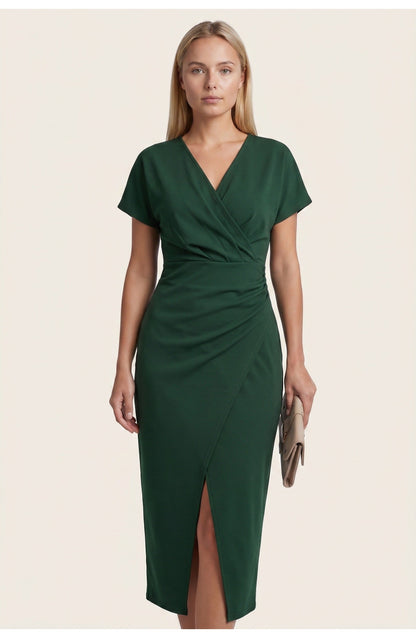 Abito avvolgente elegante con scollatura a V per donne – Abito midi aderente con arricciatura in vita e spacco
