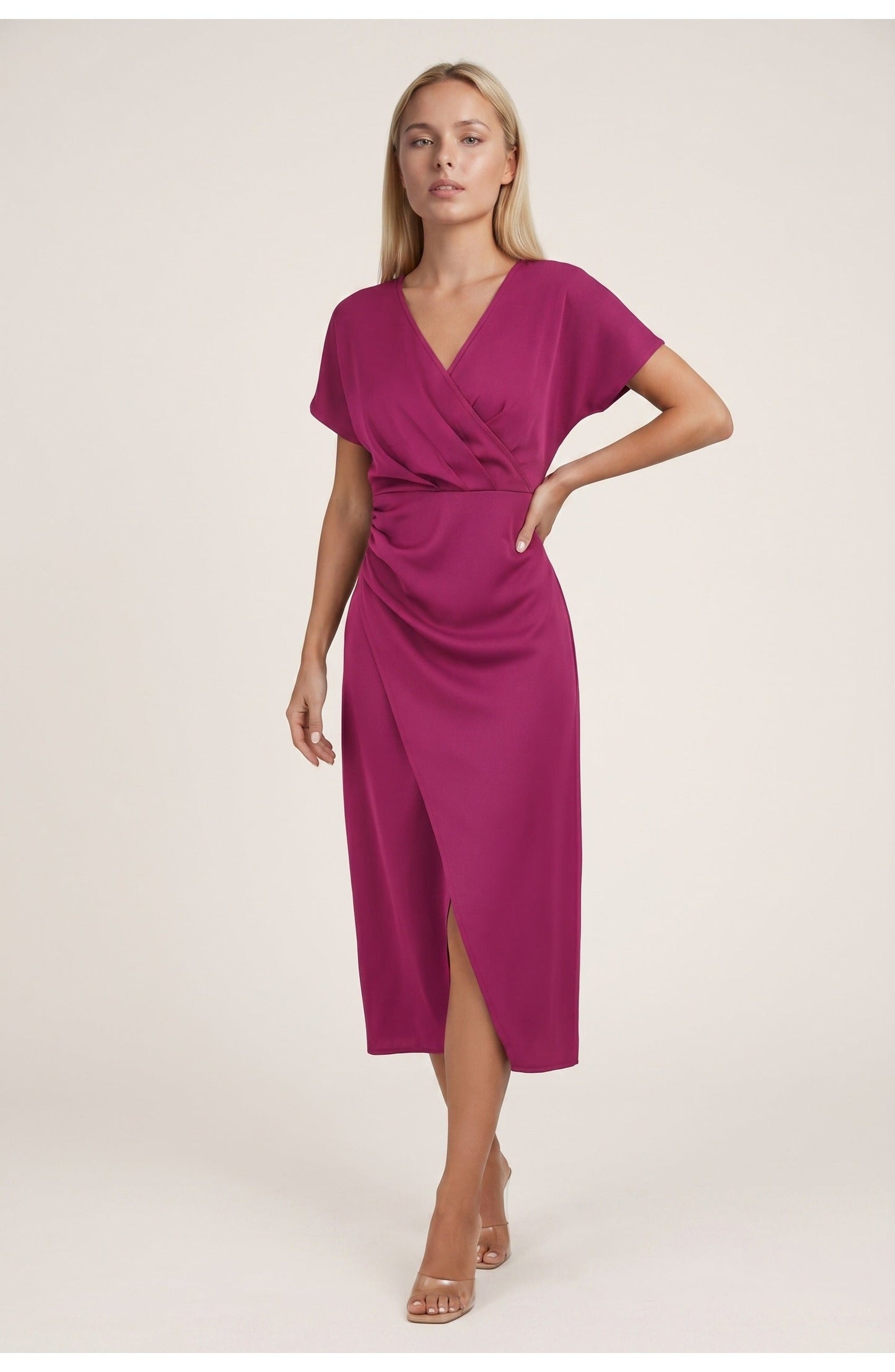 Abito avvolgente elegante con scollatura a V per donne – Abito midi aderente con arricciatura in vita e spacco