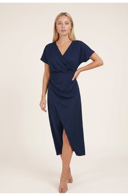 Abito avvolgente elegante con scollatura a V per donne – Abito midi aderente con arricciatura in vita e spacco