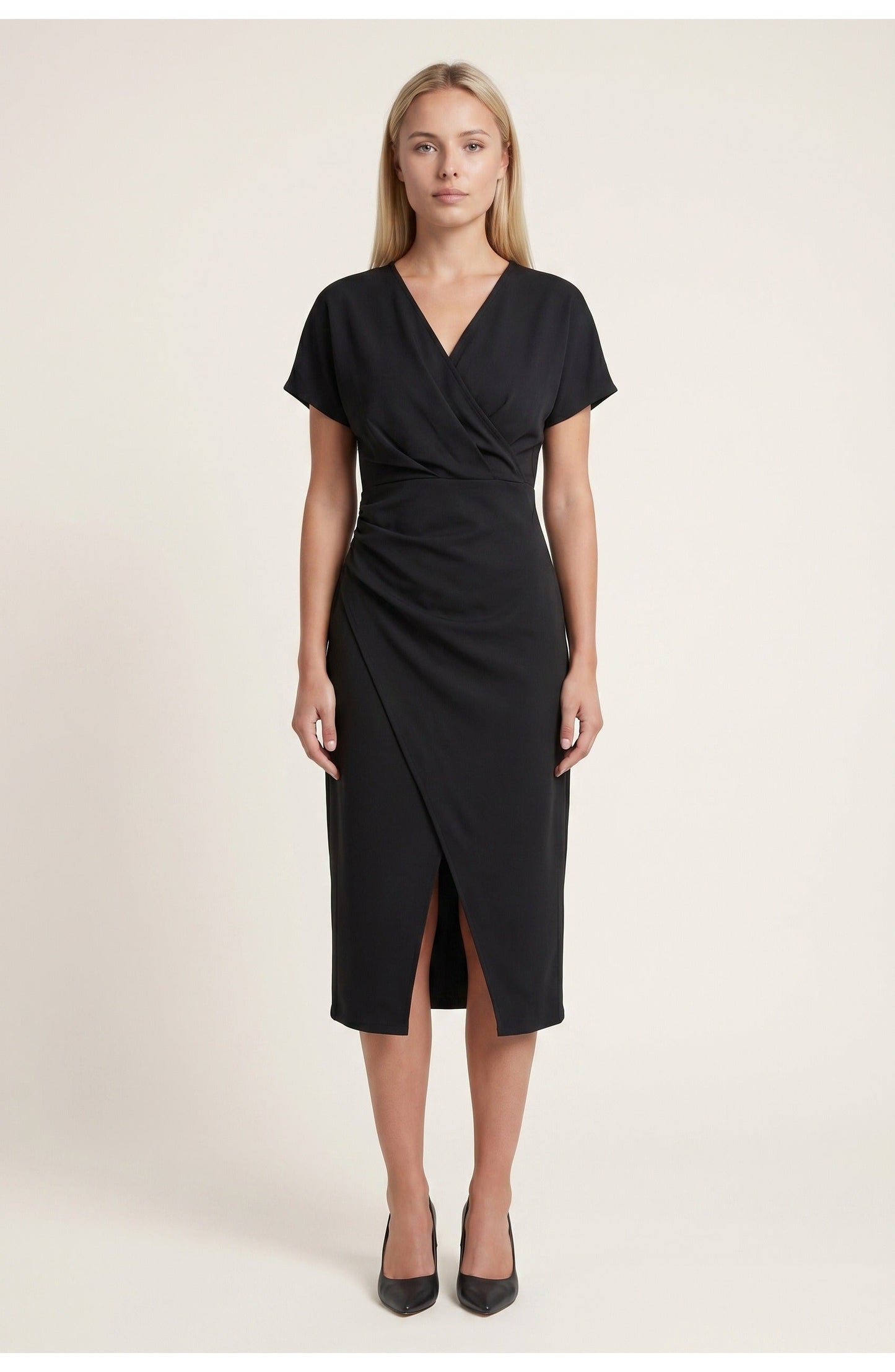 Abito avvolgente elegante con scollatura a V per donne – Abito midi aderente con arricciatura in vita e spacco