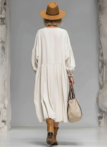 Abito midi con bottoni per donna – Vestito boho morbido con maniche a palloncino e tasche pratiche