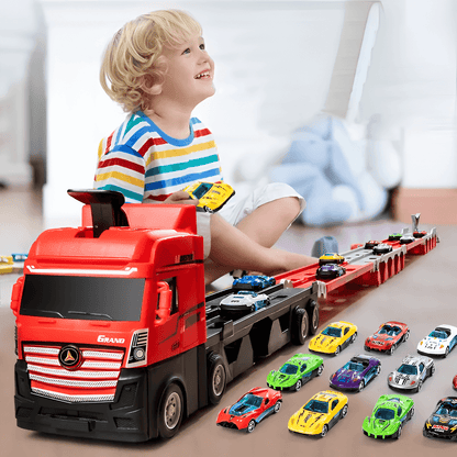 NitroLane - Camion da trasporto con pista da corsa integrata e diverse auto da corsa per bambini