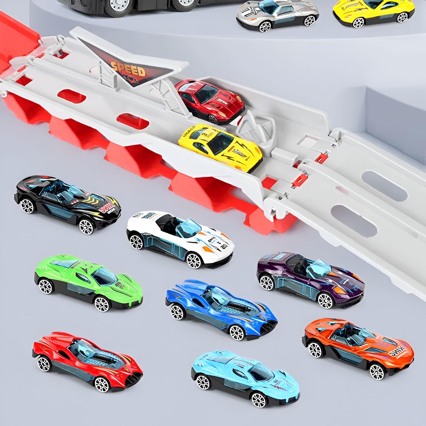 NitroLane - Camion da trasporto con pista da corsa integrata e diverse auto da corsa per bambini