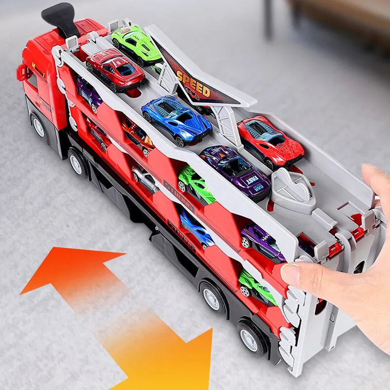 NitroLane - Camion da trasporto con pista da corsa integrata e diverse auto da corsa per bambini