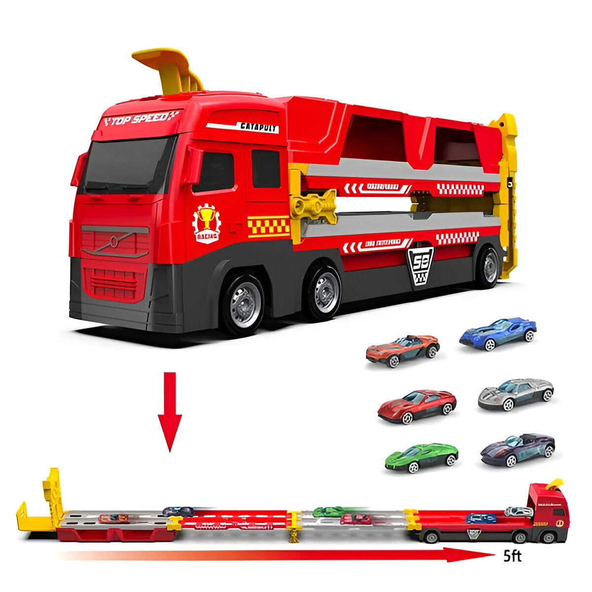 NitroLane - Camion da trasporto con pista da corsa integrata e diverse auto da corsa per bambini