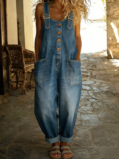 Tuta in denim casual per donne – Tuta comoda con bottoni e tasche