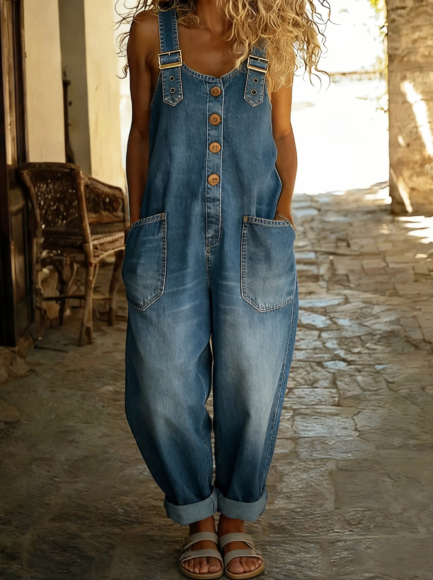 Tuta in denim casual per donne – Tuta morbida con bottoni e tasche