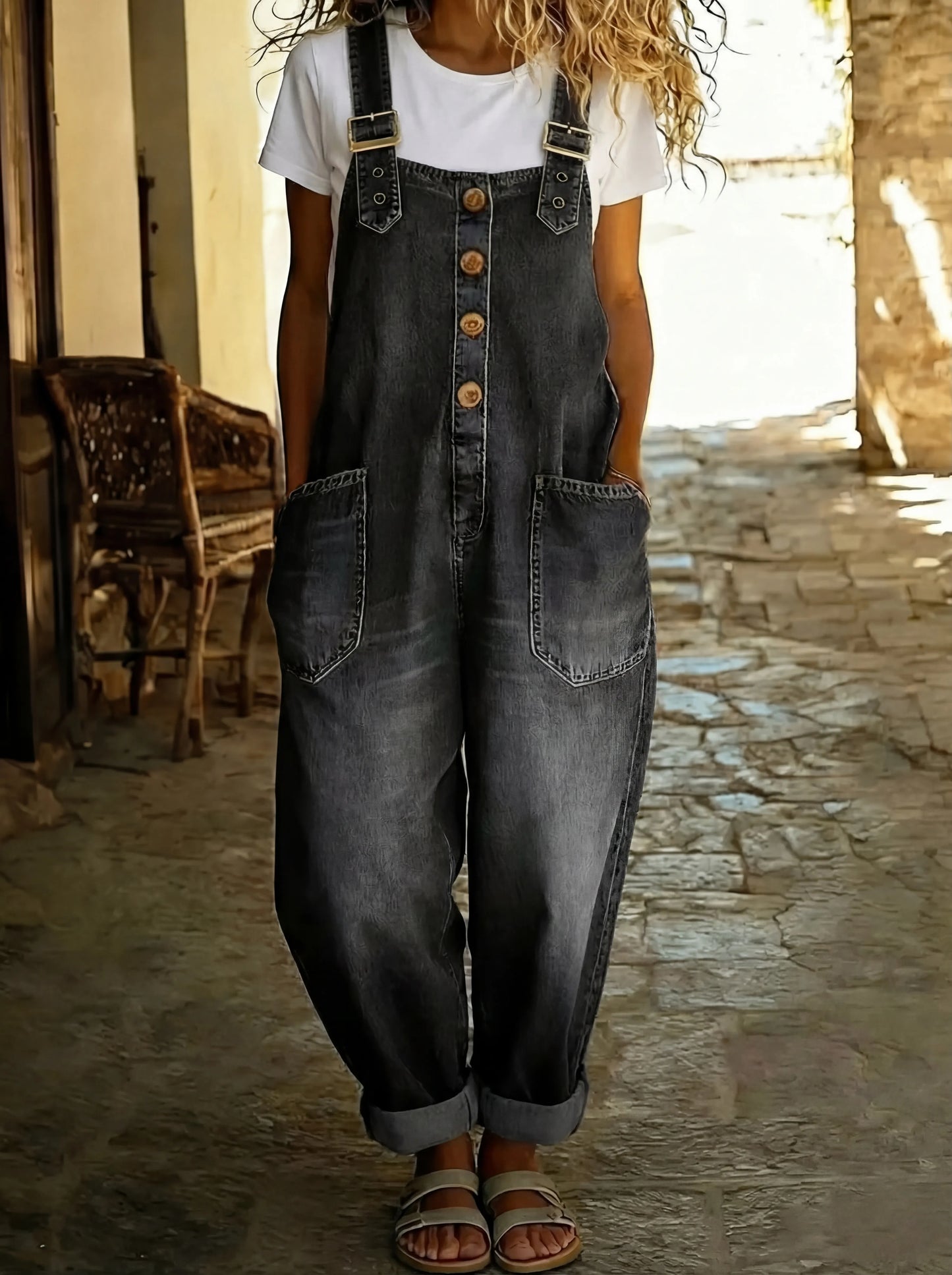 Tuta in denim casual per donne – Tuta morbida con bottoni e tasche