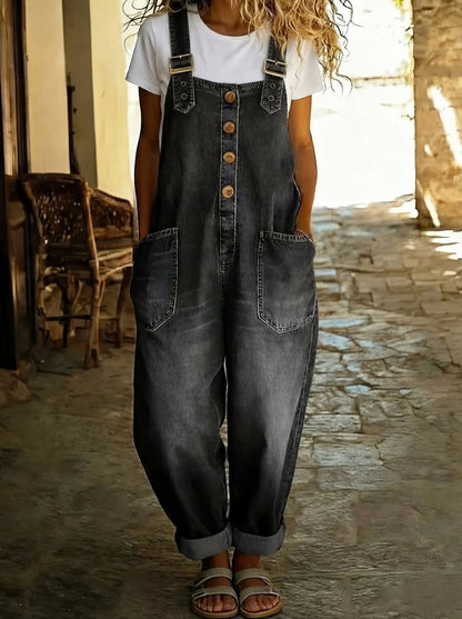 Tuta in denim casual per donne – Tuta comoda con bottoni e tasche