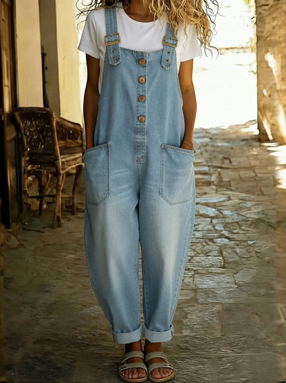 Tuta in denim casual per donne – Tuta morbida con bottoni e tasche