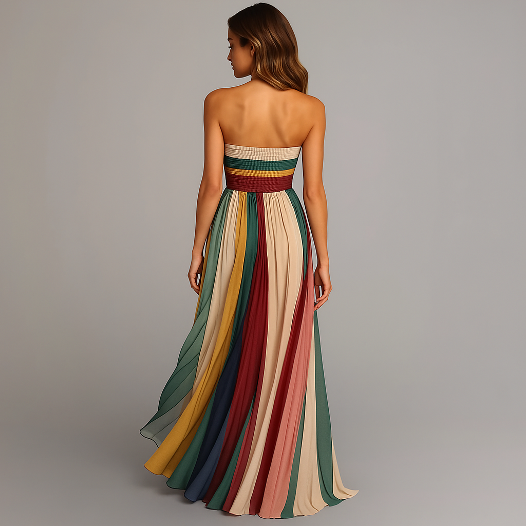 Abito Maxy Plissettato per Donna – Vestito Estivo Senza Spalline con Gradiente di Colore e Silhouette Fluttuante