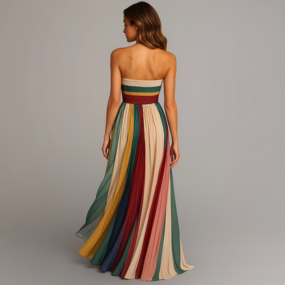 Abito Maxy Plissettato per Donna – Vestito Estivo Senza Spalline con Gradiente di Colore e Silhouette Fluttuante