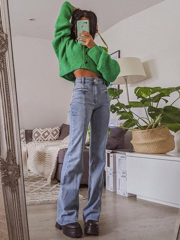 Moréa - Jeans a Zampa d'Elefante Stretch in Vita Alta per Donne con Patchwork di Due Stelle sulla Schiena