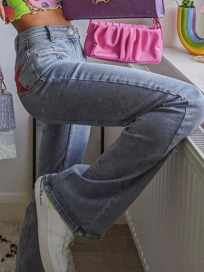 Moréa - Jeans a Zampa d'Elefante Stretch in Vita Alta per Donne con Patchwork di Due Stelle sulla Schiena