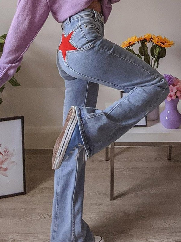 Moréa - Jeans a Zampa d'Elefante Stretch in Vita Alta per Donne con Patchwork di Due Stelle sulla Schiena