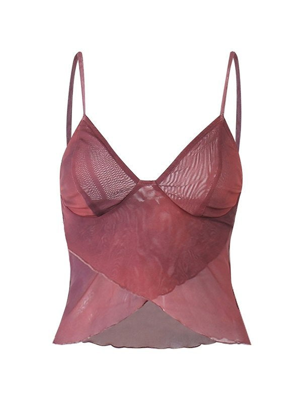 Vaïone - Top corto in mesh asimmetrico per donne con scollo a V e sottili spalline