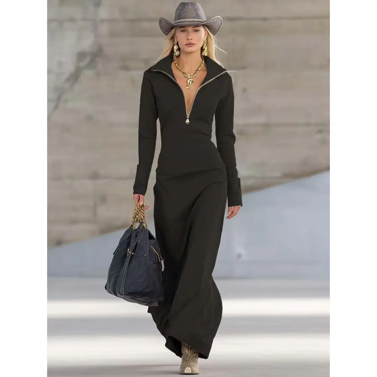 Elegante Maxi Abito con Scollatura a Zip e Vestibilità Sottolineata per Donne – Attillato e Moderno