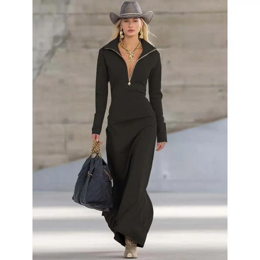 Elegante Maxi Abito con Scollatura a Zip e Vestibilità Sottolineata per Donne – Attillato e Moderno