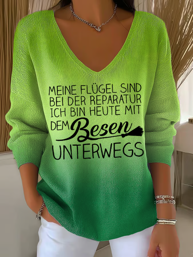 T-shirt casual con scollatura a V e frase – Maglietta dichiarativa per donne