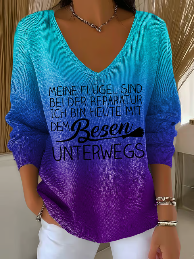 T-shirt casual con scollo a V e frase – T-shirt dichiarativa per donne