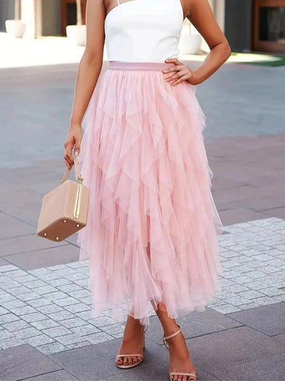 Gonna midi in tulle elegante con volant – Gonna leggera a strati per donne