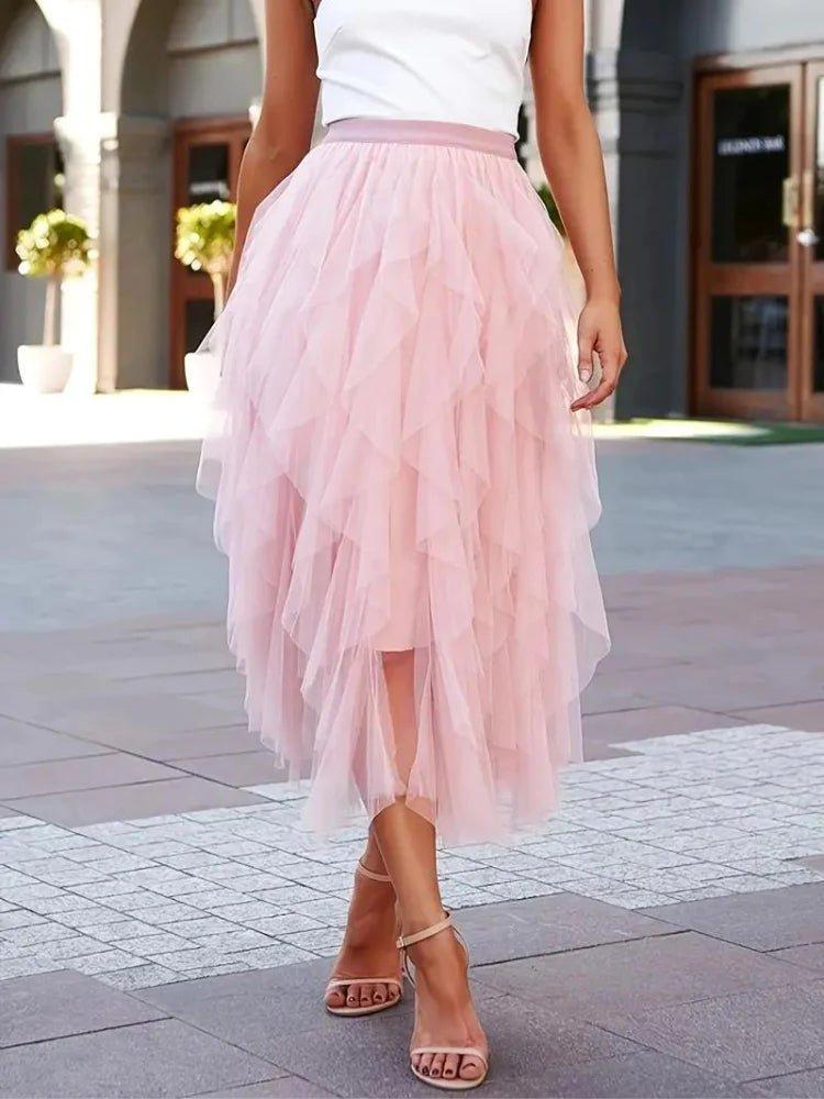 Gonna midi in tulle elegante con volant – Gonna leggera a strati per donne