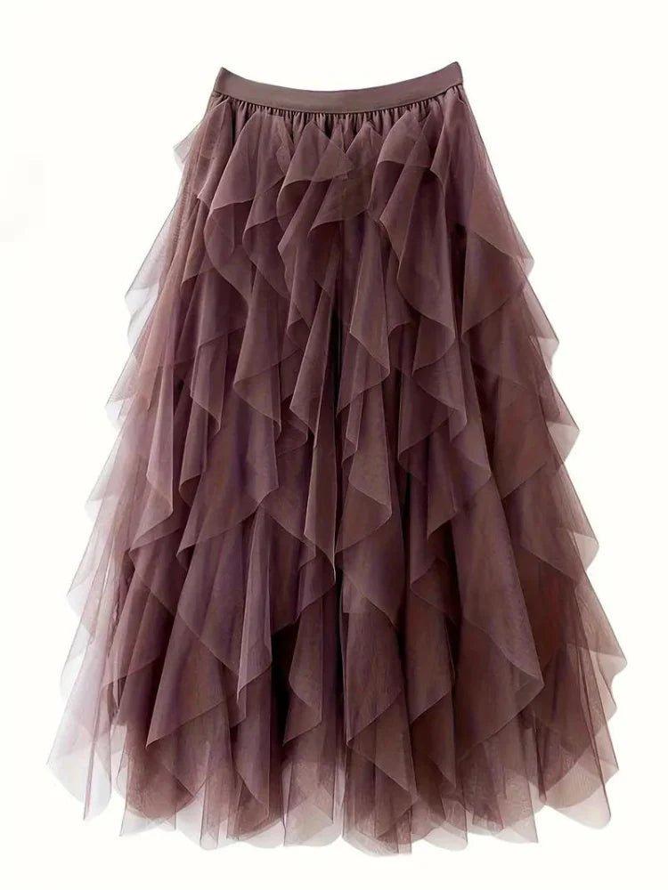 Gonna midi in tulle elegante con volant – Gonna leggera a strati per donne
