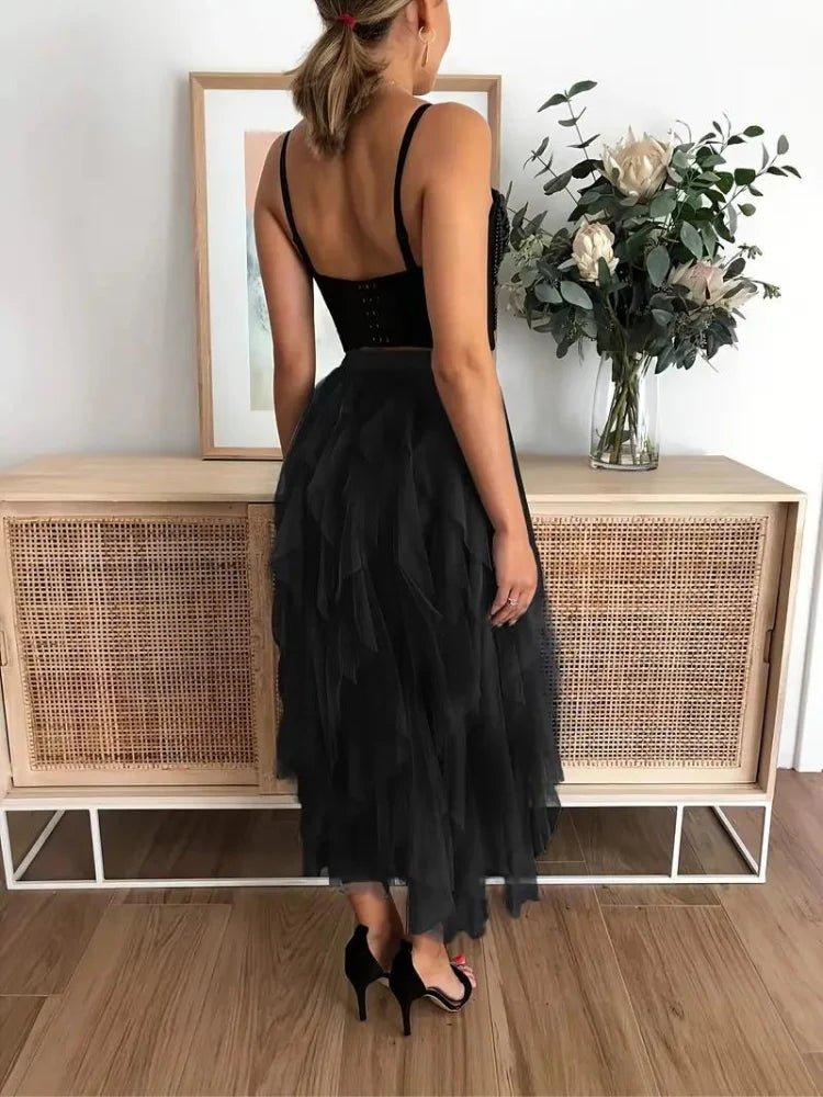 Gonna midi in tulle elegante con volant – Gonna leggera a strati per donne