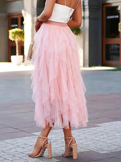 Gonna midi in tulle elegante con volant – Gonna leggera a strati per donne