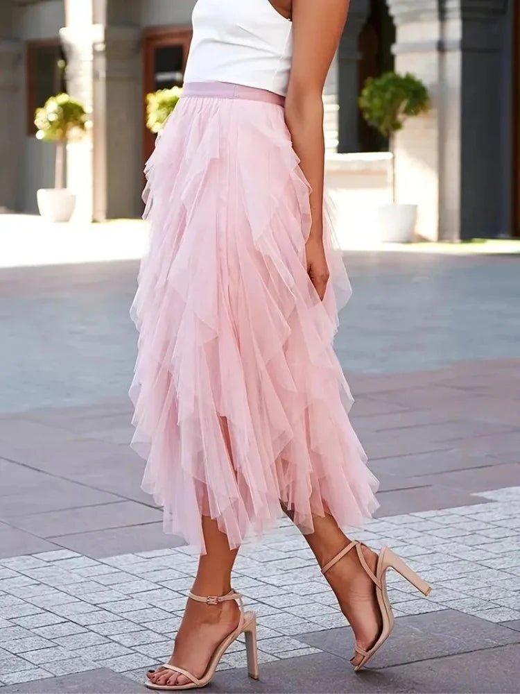 Gonna midi in tulle elegante con volant – Gonna leggera a strati per donne