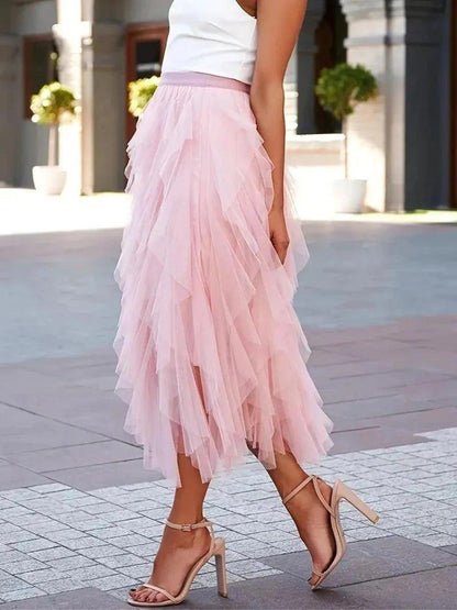 Gonna midi in tulle elegante con volant – Gonna leggera a strati per donne