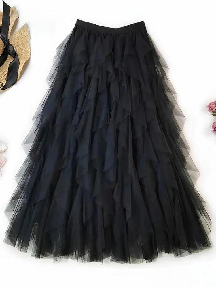 Gonna midi in tulle elegante con volant – Gonna leggera a strati per donne