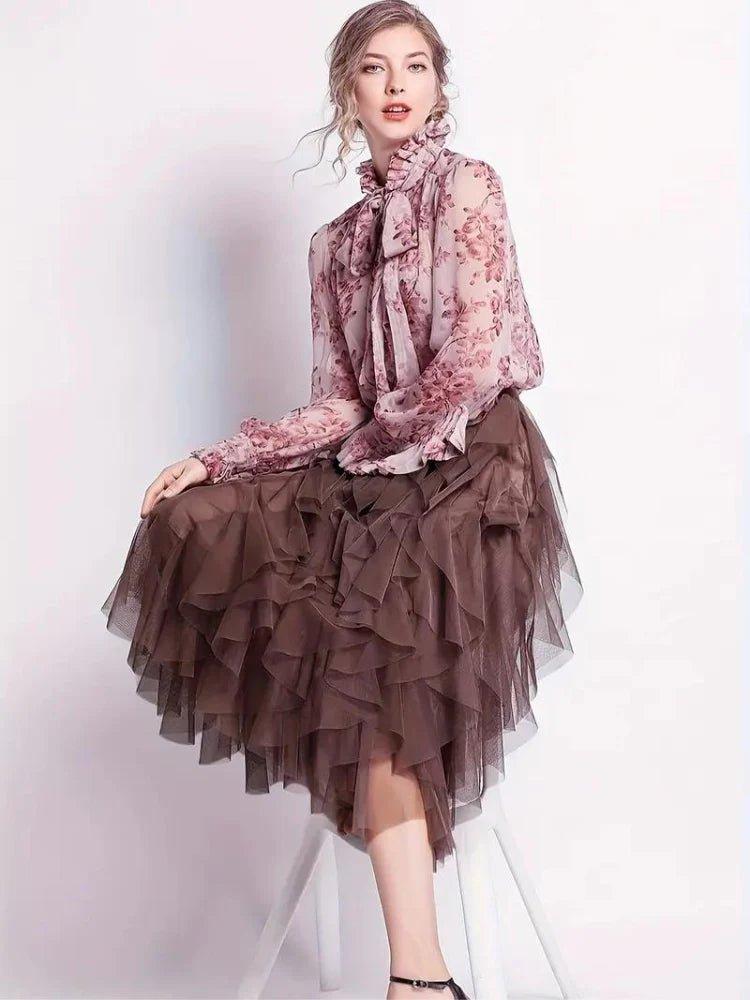 Gonna midi in tulle elegante con volant – Gonna leggera a strati per donne