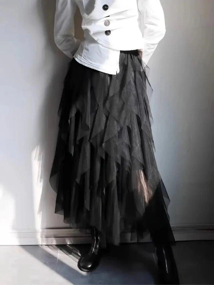 Gonna midi in tulle elegante con volant – Gonna leggera a strati per donne