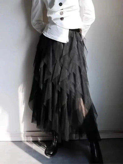Gonna midi in tulle elegante con volant – Gonna leggera a strati per donne