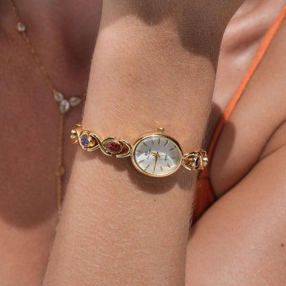 Elegante orologio da polso con design di pietre preziose per donne – Orologio al quarzo dorato in stile gioiello