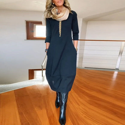 Claire - Abito midi elegante e comodo con scollo a barca, maniche 3/4 e tasche