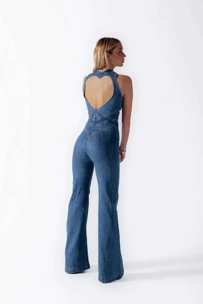 Tuta in Denim Figurante con Cut-Out sulla Schiena per Donne – Overall Flared Moderno
