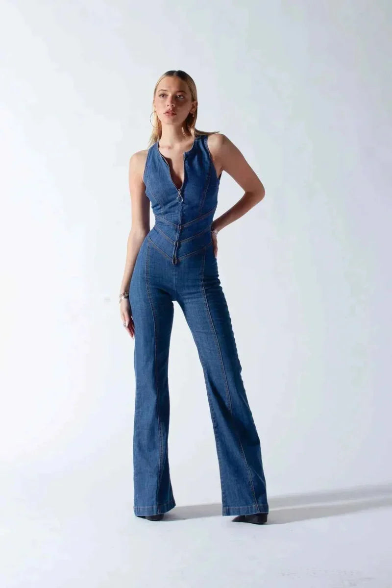 Tuta in Denim Figurante con Cut-Out sulla Schiena per Donne – Overall Flared Moderno