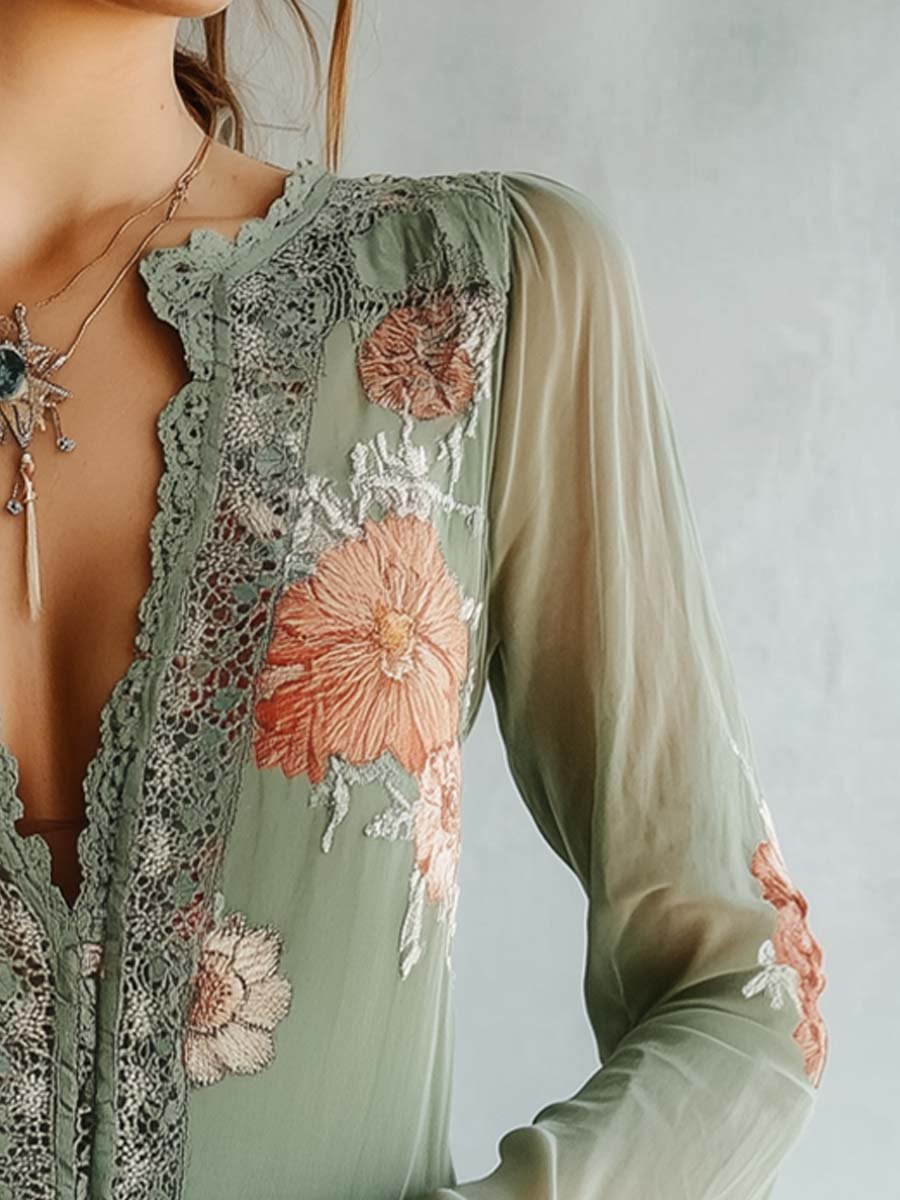 Féliciane - Blusa romantica in stile bohémien-chic con motivo floreale verde minerale e dettagli in pizzo per donne