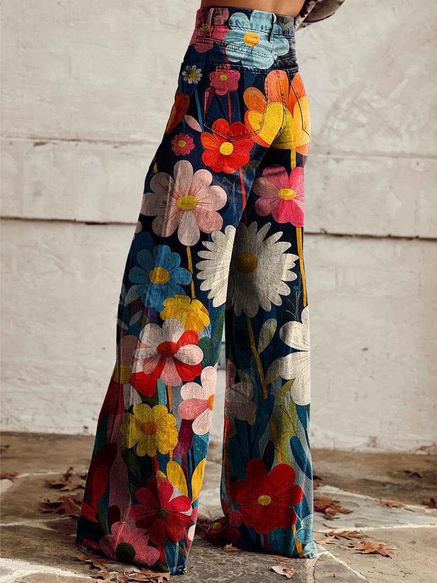 Pantaloni Palazzo Vintage con Fiori per Donna – Pantaloni Estivi a Vita Alta Ampia con Stampa Retrò