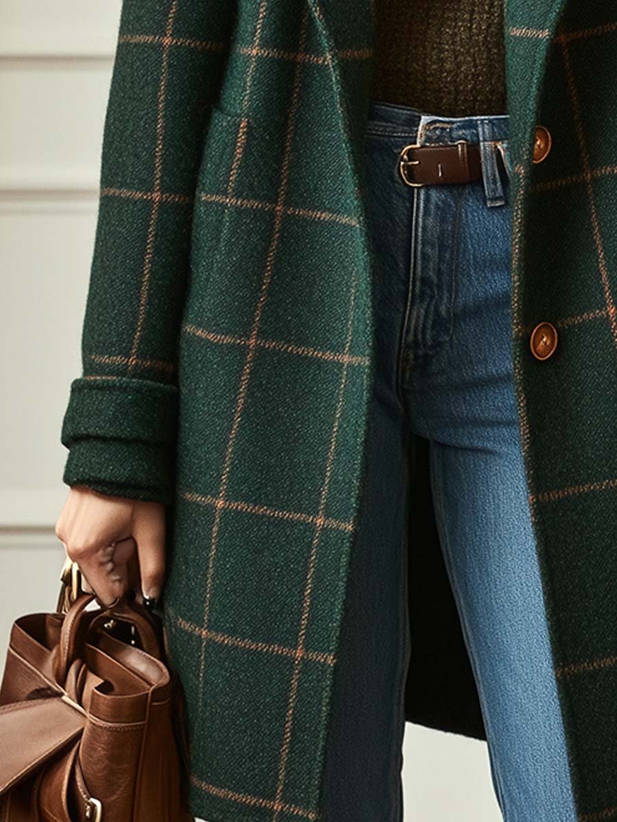 Vionette - Elegante Mantello di Media Lunghezza in Verde Scuro con Motivo a Quadri