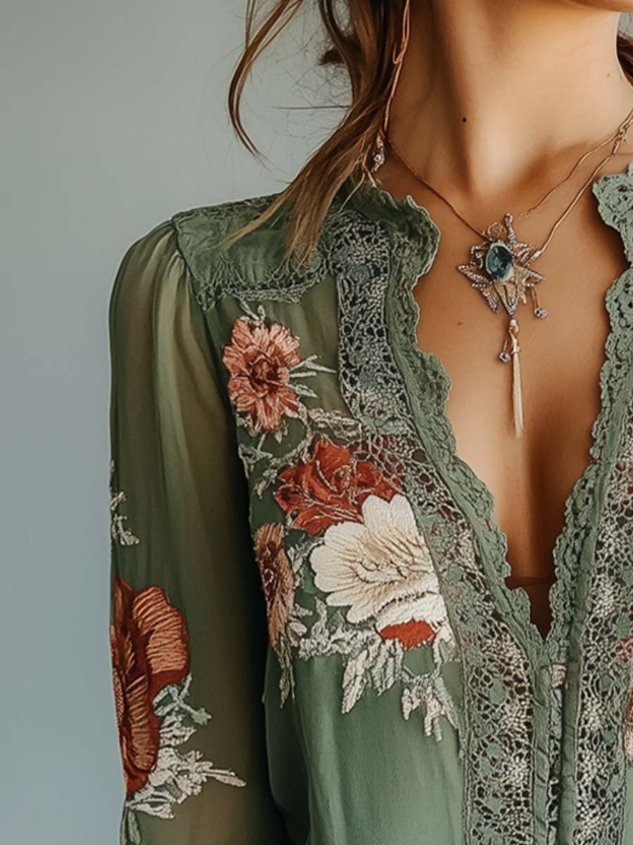 Féliciane - Blusa romantica in stile bohémien-chic con motivo floreale verde minerale e dettagli in pizzo per donne