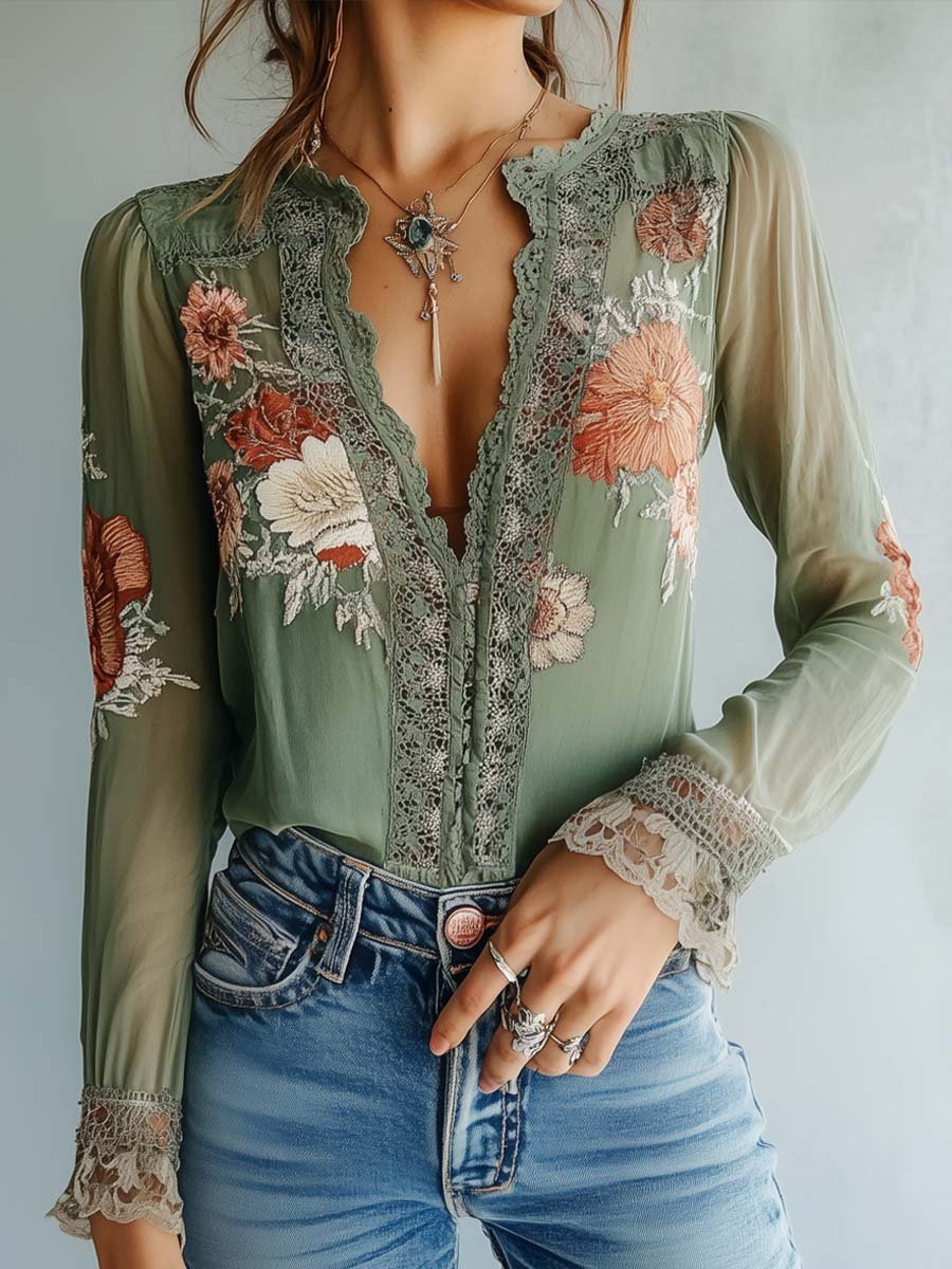 Féliciane - Blusa romantica in stile bohémien-chic con motivo floreale verde minerale e dettagli in pizzo per donne