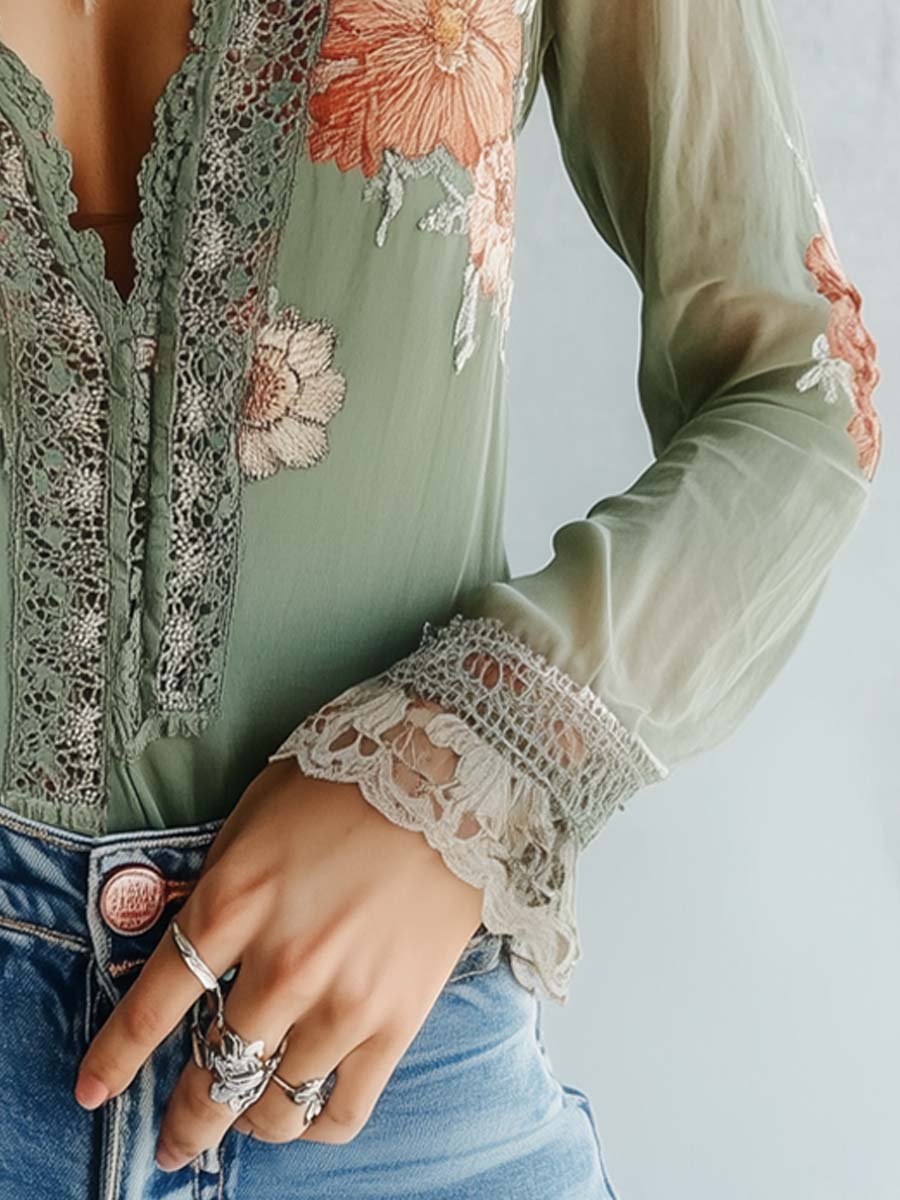 Féliciane - Blusa romantica in stile bohémien-chic con motivo floreale verde minerale e dettagli in pizzo per donne