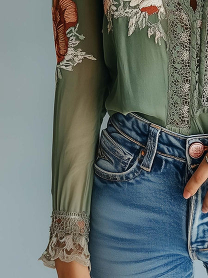 Féliciane - Blusa romantica in stile bohémien-chic con motivo floreale verde minerale e dettagli in pizzo per donne