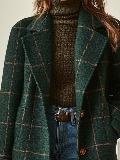 Vionette - Elegante Mantello di Media Lunghezza in Verde Scuro con Motivo a Quadri