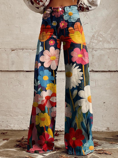 Pantaloni Palazzo Vintage con Fiori per Donna – Pantaloni Estivi a Vita Alta Ampia con Stampa Retrò
