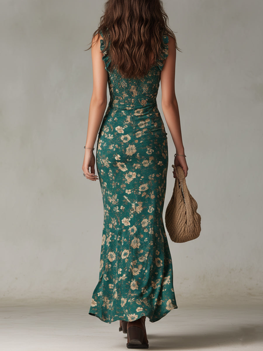 Abito Maxy Boho con Stampa Floreale per Donne – Elegante Abito con Rouches e Spacco