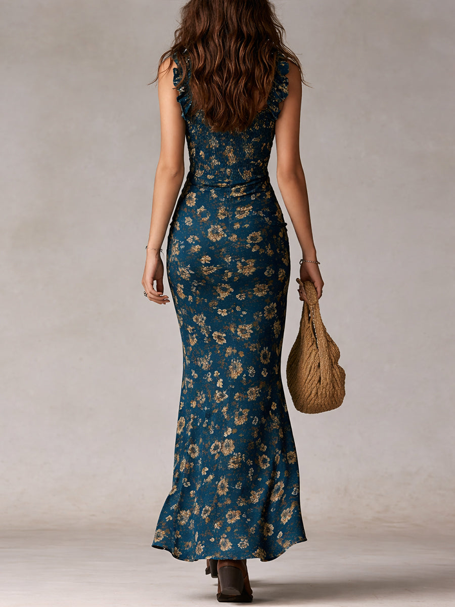 Abito Maxy Boho con Stampa Floreale per Donne – Elegante Abito con Rouches e Spacco